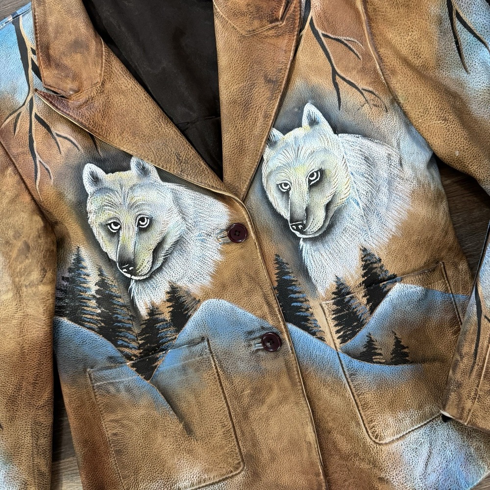 VTG Hand Painted Wolf Alaska Nature Brown Faux Leather Jacket Tagged Size XL - Picture 5 of 9